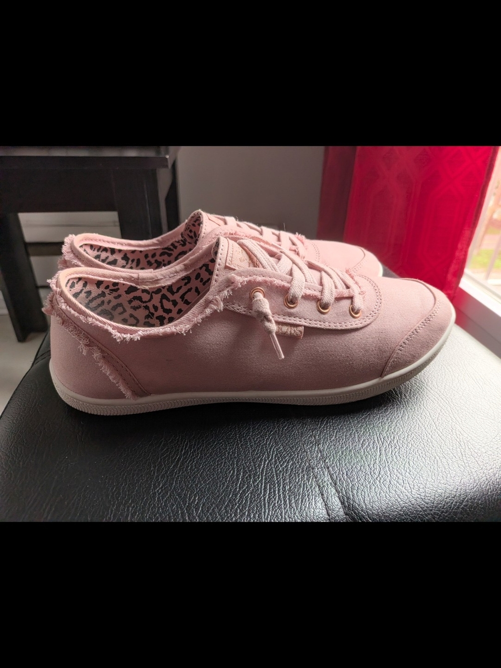 Pink BOBS from Skechers canvas slip-on sneakers with Memory Foam insoles.